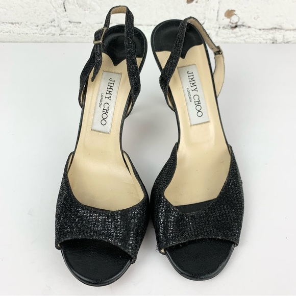 Jimmy Choo Laser Black Glitter Sparkle Slingback Peep Toe Stiletto Heel 38.5 - Picture 3 of 13